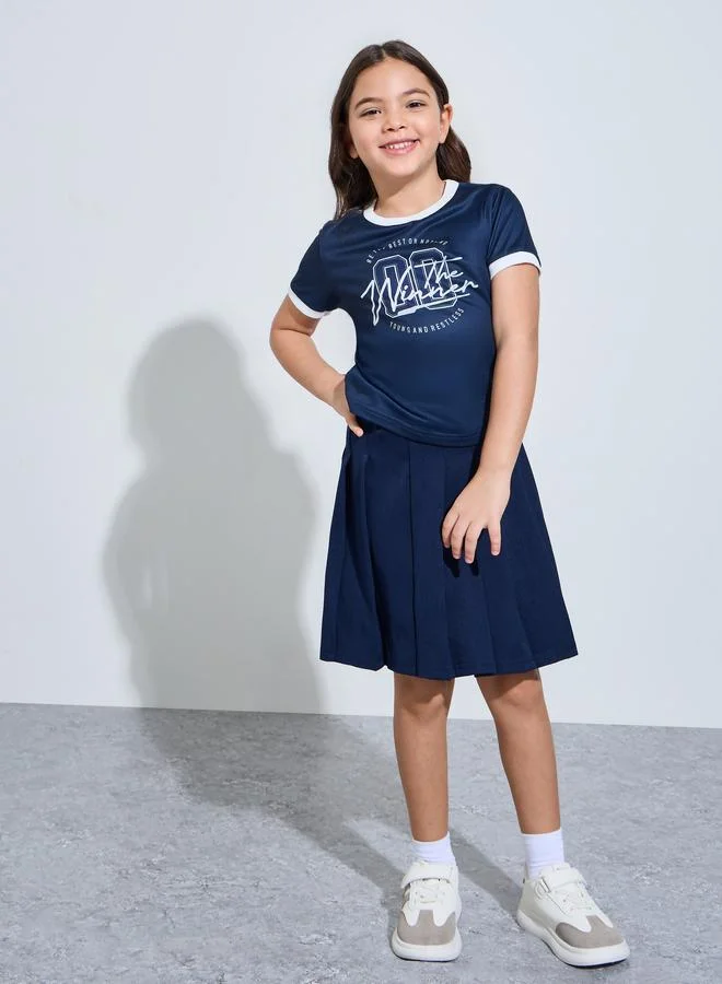 Styli Girls Navy Blue Regular Fit Printed Ringer T-Shirt