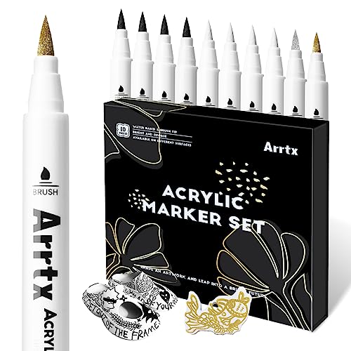 Arrtx Acrylic Paint Pens, 10 Pack Extra Brush Tip White Paint Markers Metallic for Rock Fabric Wood Glass Canvas Ceramic, 4 White 4 Black 1 Gold & 1 Silver, Water Based Ink, DIY Crafts - Image 1