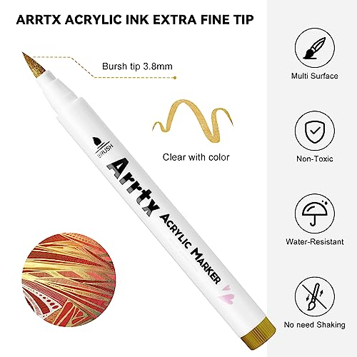 Arrtx Acrylic Paint Pens, 10 Pack Extra Brush Tip White Paint Markers Metallic for Rock Fabric Wood Glass Canvas Ceramic, 4 White 4 Black 1 Gold & 1 Silver, Water Based Ink, DIY Crafts - Image 2