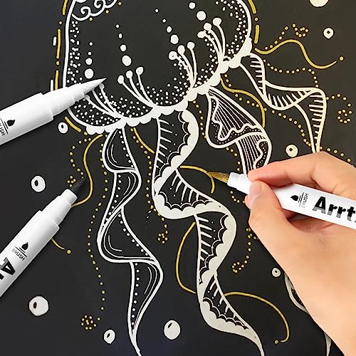 Arrtx Acrylic Paint Pens, 10 Pack Extra Brush Tip White Paint Markers Metallic for Rock Fabric Wood Glass Canvas Ceramic, 4 White 4 Black 1 Gold & 1 Silver, Water Based Ink, DIY Crafts - Image 5