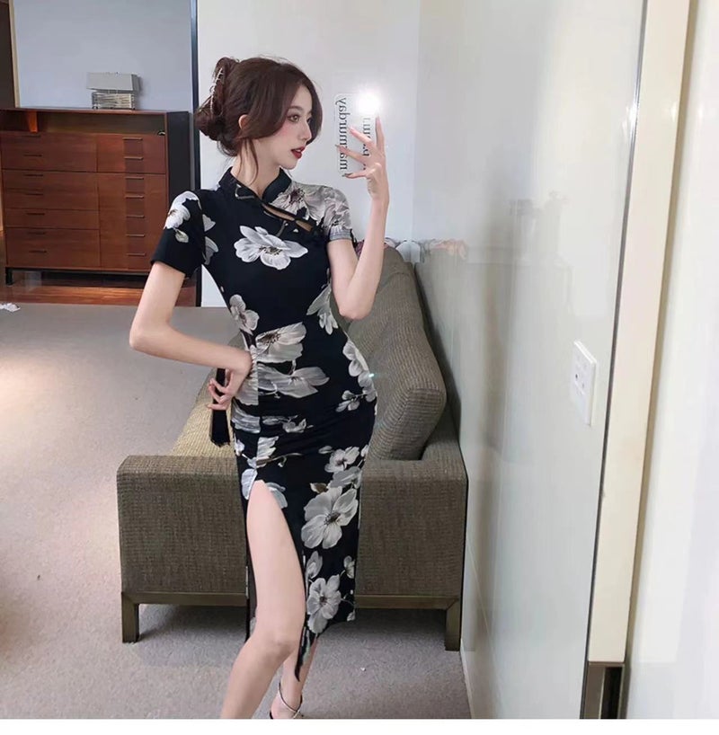 2024 Vintage Trendy Printed Improved Chinese Dress High Side Slit Daily Wear Skirt Medium Length Waist-Fitted Dress Picture color 