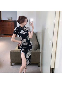 Generic 2024 Vintage Trendy Printed Improved Chinese Dress High Side Slit Daily Wear Skirt Medium Length Waist-Fitted Dress Picture color 