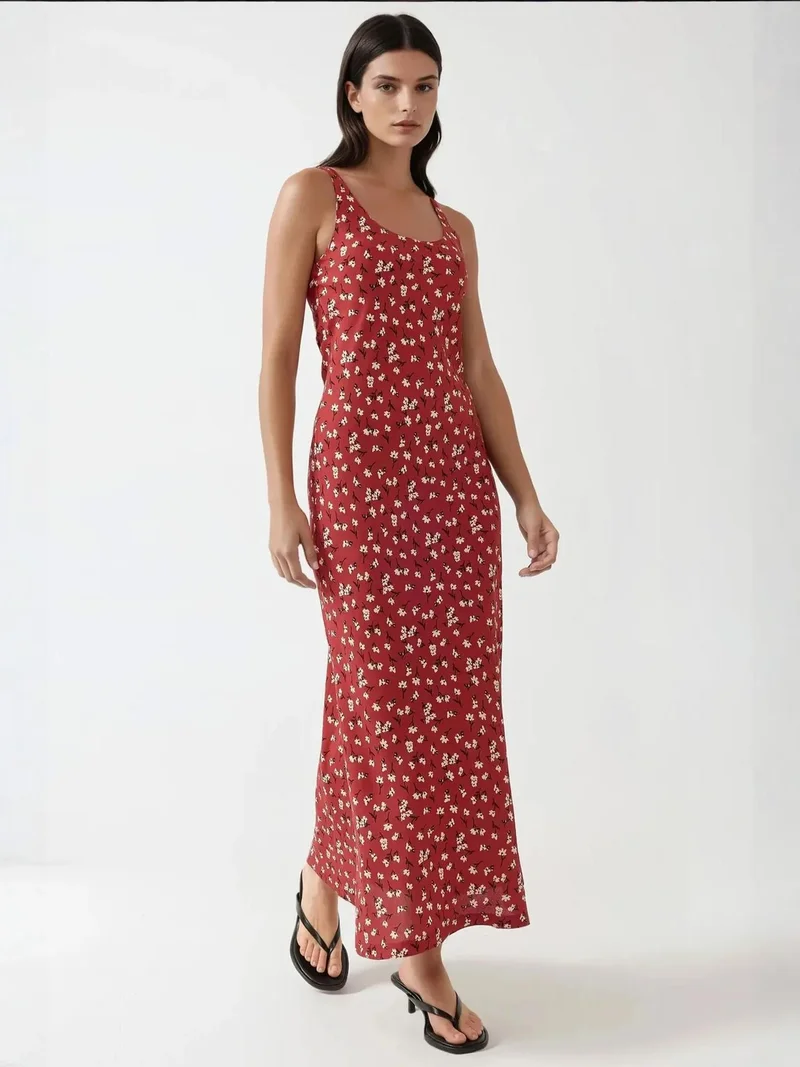 HICCUP Allower Flower Pattern U Collar Maxi Dress