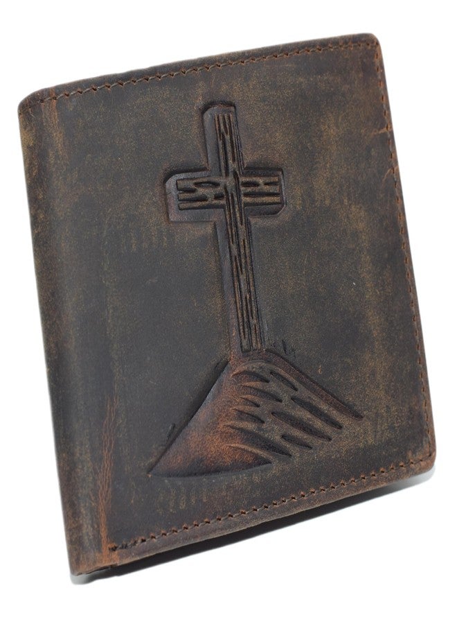 Marshal Men’s RFID Blocking Wallet – Christian Cross Design, Vintage Leather Bifold (Brown) - Image 1