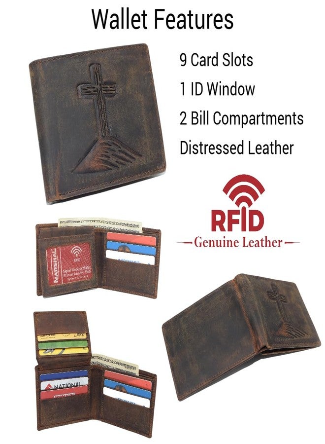 Marshal Men’s RFID Blocking Wallet – Christian Cross Design, Vintage Leather Bifold (Brown) - Image 3