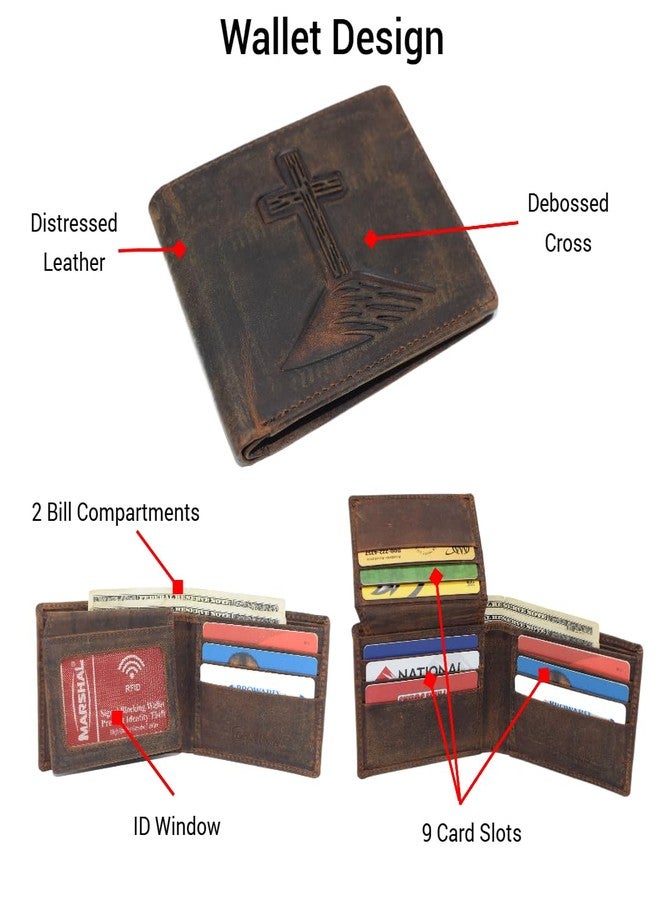 Marshal Men’s RFID Blocking Wallet – Christian Cross Design, Vintage Leather Bifold (Brown) - Image 4