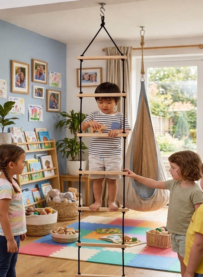Ochitya Kids Rope Climbing Ladder Indoor Outdoor, Wooden Ninja Ladder with Strong Black Rope & Metal Hook, Climbing Play Equipment for Balance, Strength & Coordination, Suitable for 4 to 10 Years - Image 3