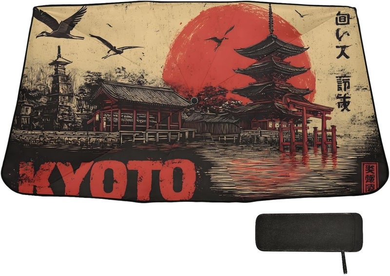 Windshield Sun Shade Umbrella Kyoto Vintage – Fashion Design, Protect Car from Sun & Heat Damage, Easy Store, Universal Fit 55” x 27.5” - Image 1