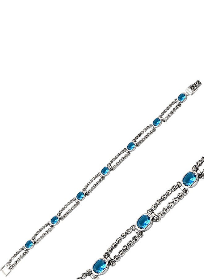 EMNON 925 Silver Natural Marcasite & Light Blue CZ Bracelet -High-Quality Jewelry in UAE Dubai 100% Precious Metal Gift for Women-EMNON75BR-B101366 