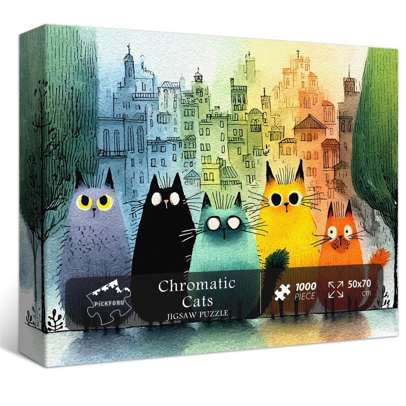 PICKFORU Gradient Cat Puzzles for Adults 1000 Pieces, Colorful City Jigsaw Puzzle, Cute Kitten Puzzle as Wall Art Decor - Image 1