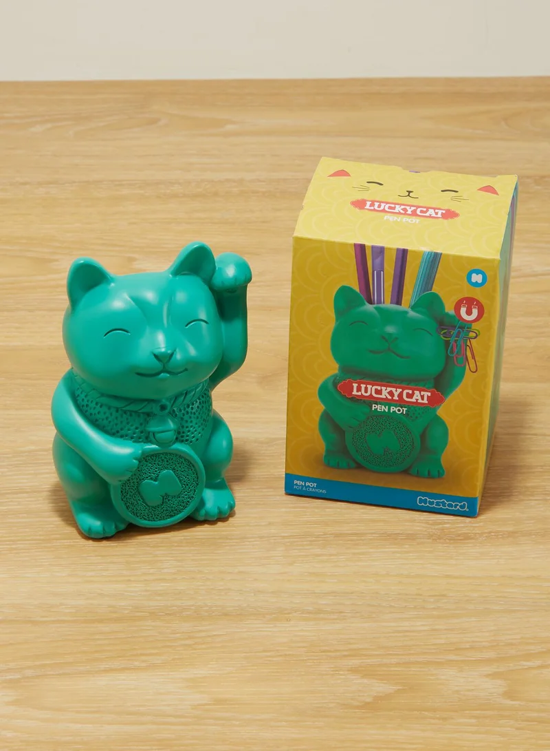 Mustard Lucky Cat Shaped Pen Pot With Magnetic Arm