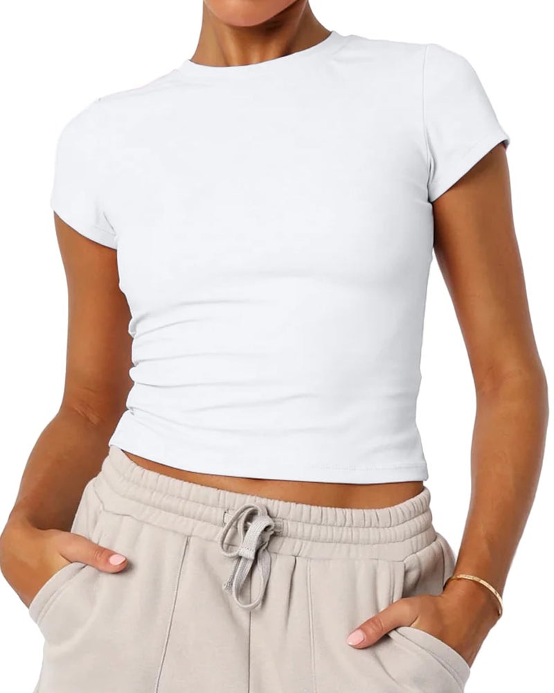 Mousnipy Women's Basic Summer Short Sleeve Crewneck T-Shirts Y2K Cute Going Out Tops Baby Tee(White,Large) - Image 1