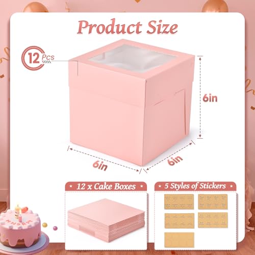 DOYIDE 12Pcs 6x6x6 Inches Small Cake Boxes, Pink Square Bakery Boxes with Window, Mini Cake Containers for Pastries, Cookies, Chocolates, Cupcakes, Birthday Party Cajas Pasteles - Image 3