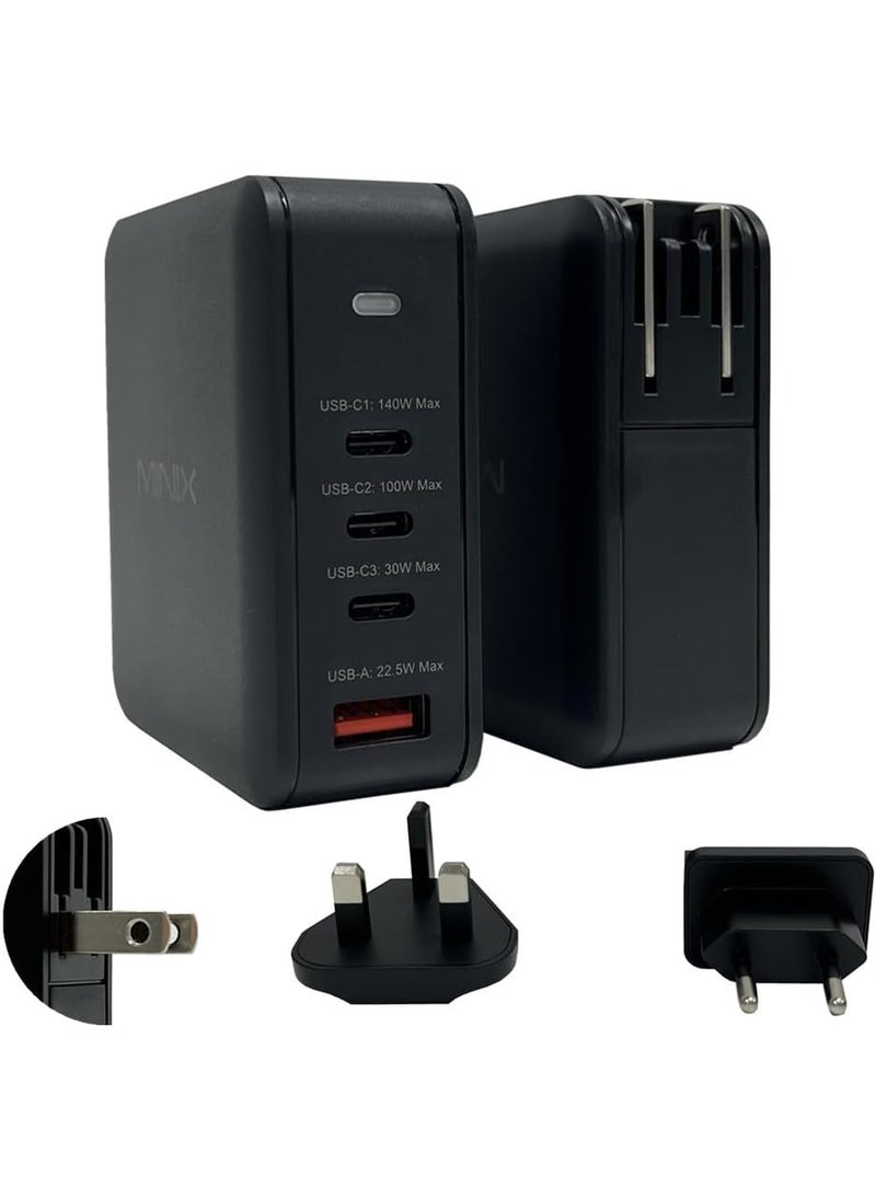 Minix MINIX P165 4 Port Wall Charger 165W Turbo with 3 USBC ports 1 x USBC1 PD31 140W 1 x USBC2 30 100W 1 x USBC3 30 30W  1 x USBA 225W Fast Charging for laptop tablet Smartphone Black  - Image 1