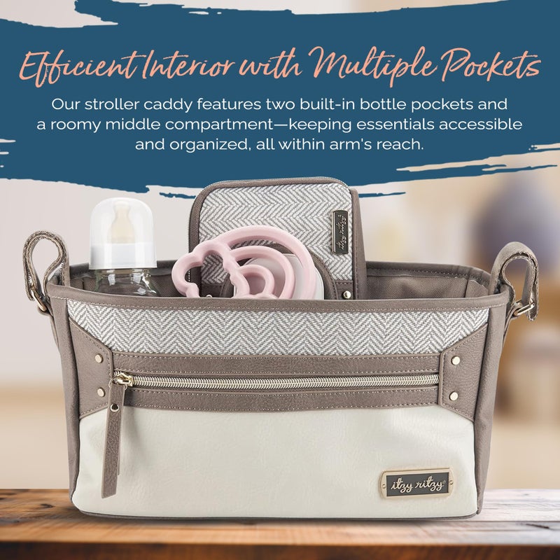 Itzy Ritzy Adjustable Stroller Caddy and Organizer Bag Featuring Front Zippered Pocket, 2 Built-In Interior Pockets & Adjustable Straps to Fit Nearly Any Stroller (Vanilla Latte) - Image 2