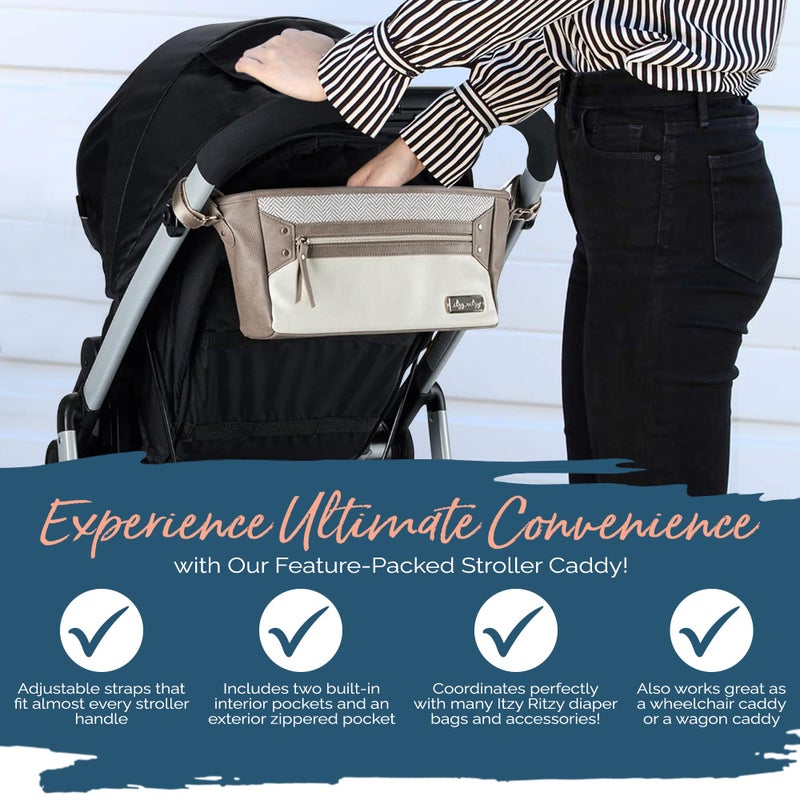 Itzy Ritzy Adjustable Stroller Caddy and Organizer Bag Featuring Front Zippered Pocket, 2 Built-In Interior Pockets & Adjustable Straps to Fit Nearly Any Stroller (Vanilla Latte) - Image 3