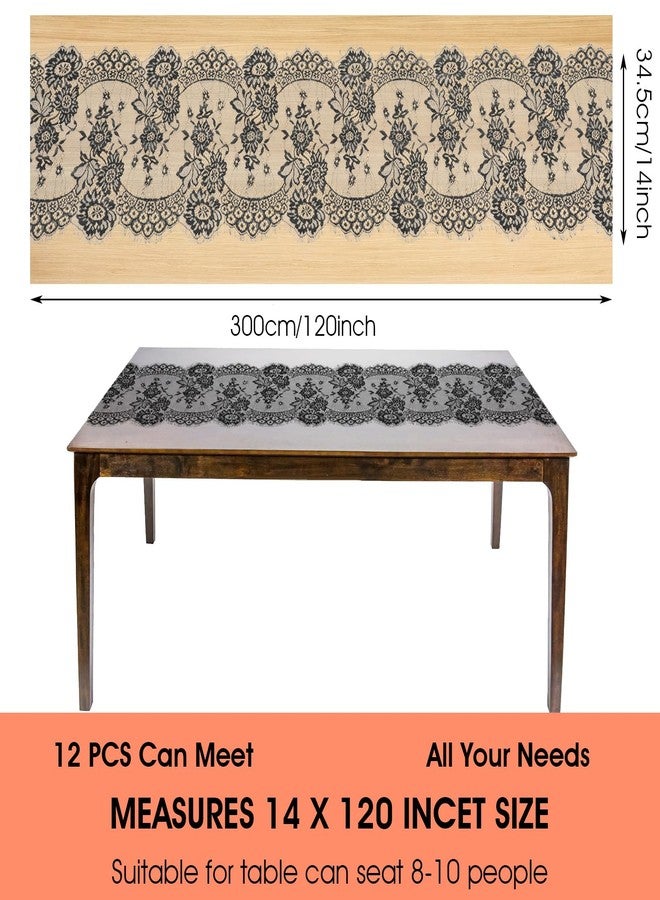 wutfuooo 12 Pcs Black Lace Table Runners 14 x 120 Inch Rustic Wedding Table Runner Decor Vintage Romantic Black Lace Tablecloth Party Decor for Halloween Engagement Hotel Home(Classic) - Image 2