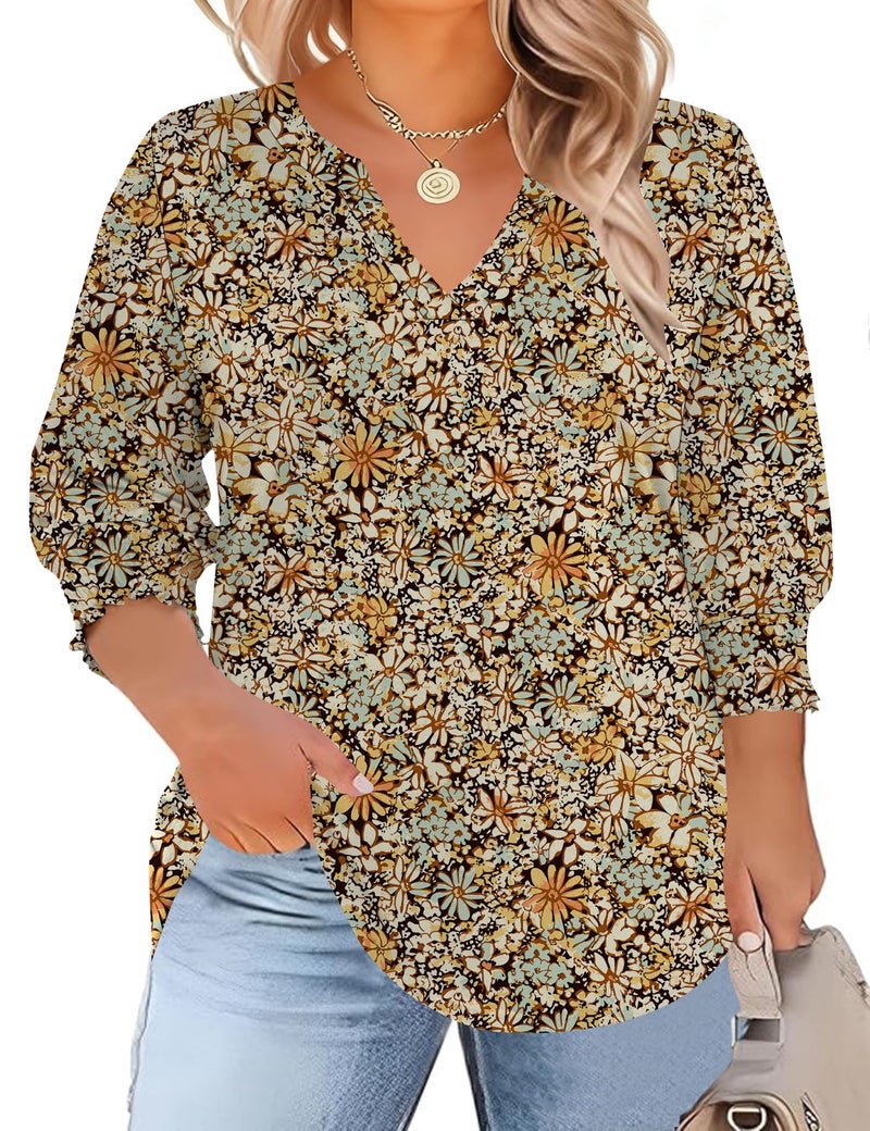 TFSDOD Womens T Shirts Womens Plus Size Tops 3/4 Sleeve Tops V Neck Blouses Business Casual Spring Break Outfit Blue Floral Tunic 4X - Image 1