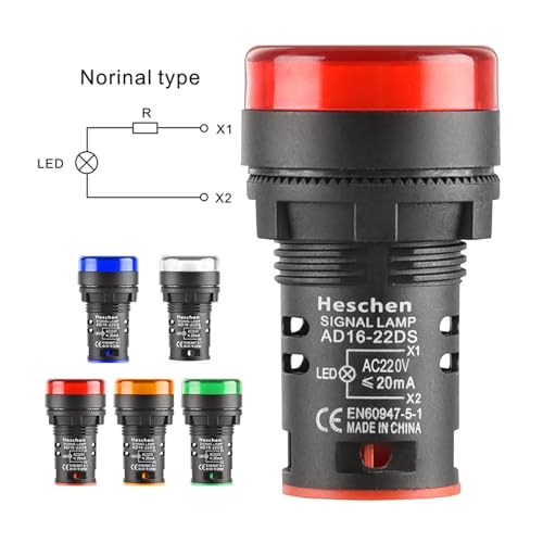 Heschen 22mm LED Indicator Pilot Light, AD16-22D/S, 220VAC 20mA, Red Green Yellow Blue White Light Colour, 5Pack - Image 3