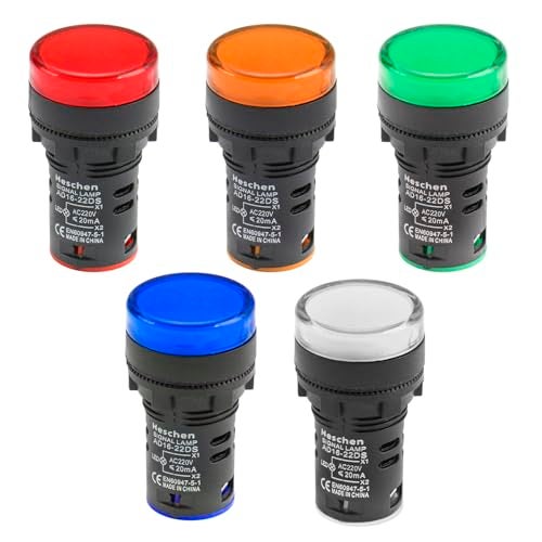 Heschen 22mm LED Indicator Pilot Light, AD16-22D/S, 220VAC 20mA, Red Green Yellow Blue White Light Colour, 5Pack - Image 4