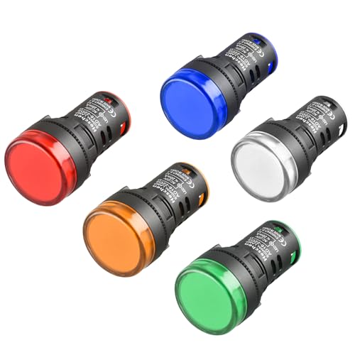Heschen 22mm LED Indicator Pilot Light, AD16-22D/S, 220VAC 20mA, Red Green Yellow Blue White Light Colour, 5Pack - Image 1
