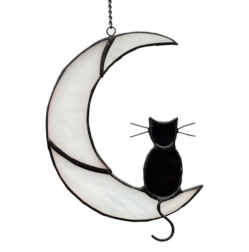 Zuajiter Black Cat Decor On White Moon Stained Glass Window Hanging Suncatcher for Windows Panels Sun Catcher Halloween Ornament Decoration Memorial Gift for Lover Cat Loss - Image 1