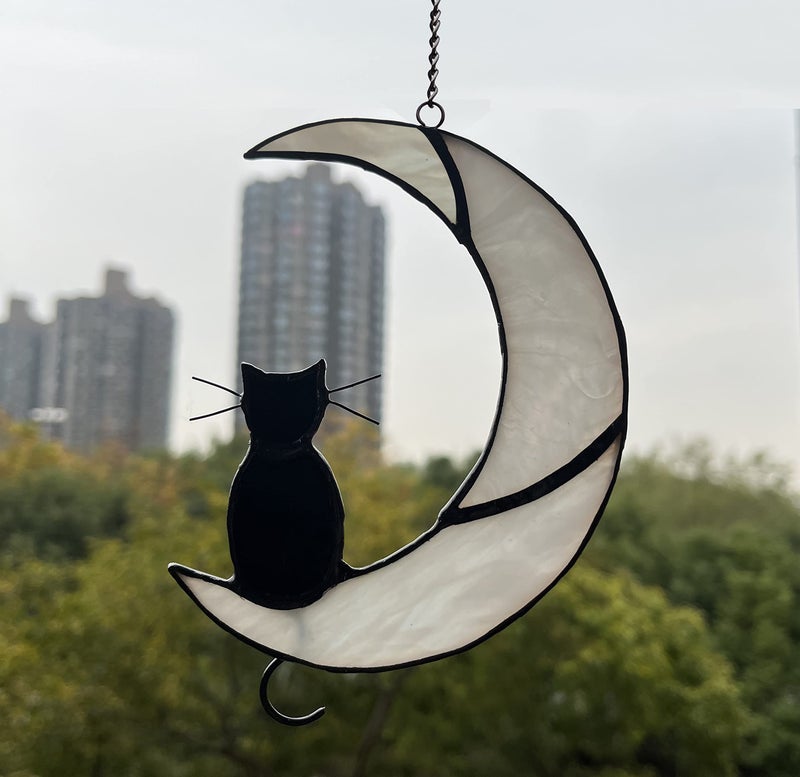 Zuajiter Black Cat Decor On White Moon Stained Glass Window Hanging Suncatcher for Windows Panels Sun Catcher Halloween Ornament Decoration Memorial Gift for Lover Cat Loss - Image 3