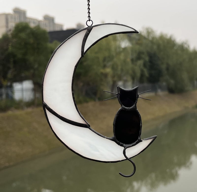 Zuajiter Black Cat Decor On White Moon Stained Glass Window Hanging Suncatcher for Windows Panels Sun Catcher Halloween Ornament Decoration Memorial Gift for Lover Cat Loss - Image 2