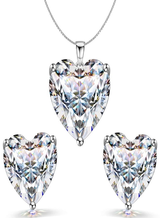 HighSpark 925 Silver Solitaire Heart Earrings Pendant Necklace Set for Women | 92.5 Sterling Silver & Diamond like Brilliance Sparkling Zirconia | Lovely Gift - Silver Heart Set - Image 1