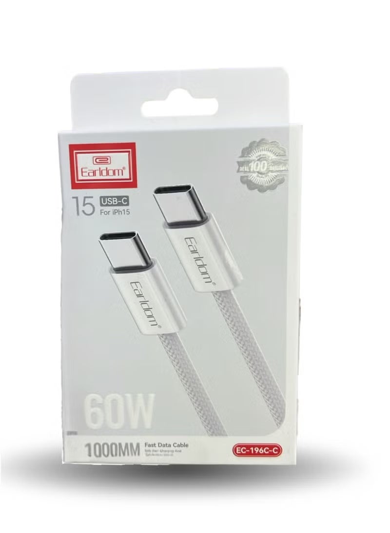 Earldom White Braided USB-C Cable 60W, 1 Meter, Fast Charging & Data Sync Cable Compatible with MacBook Air, iPad, Samsung Galaxy & USB-C Devices - Image 3