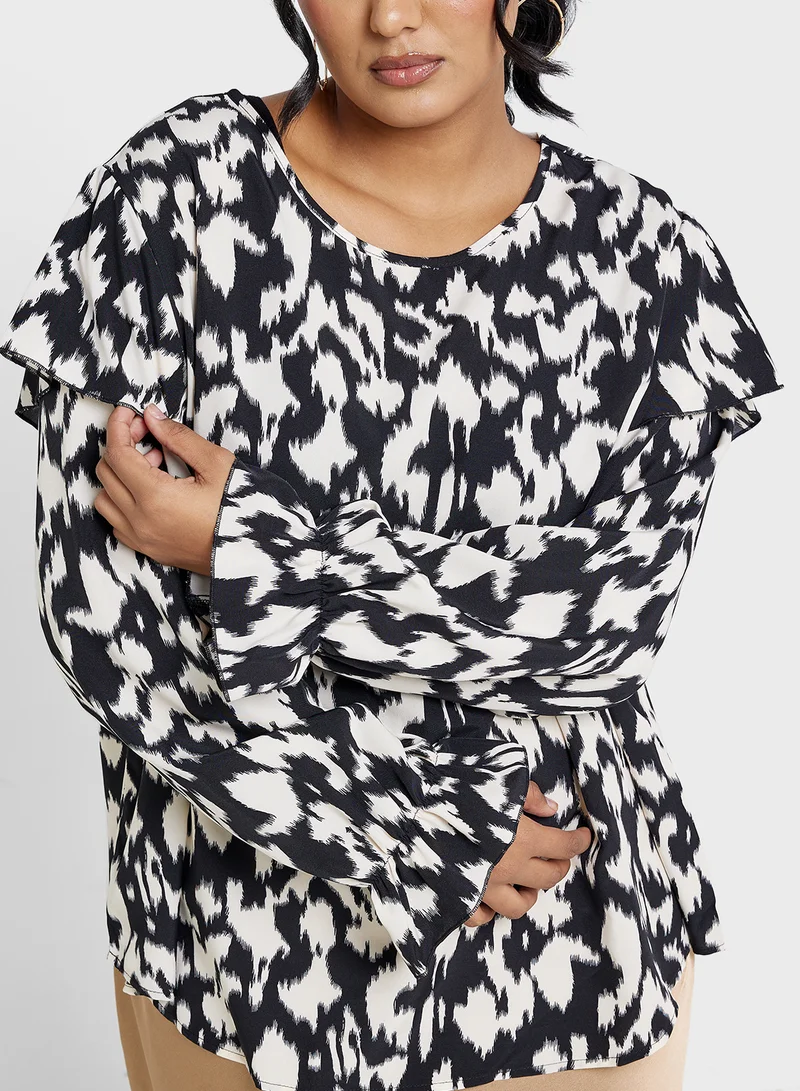 Ginger Plus Ruffle Neck Detail Animal Print Blouse