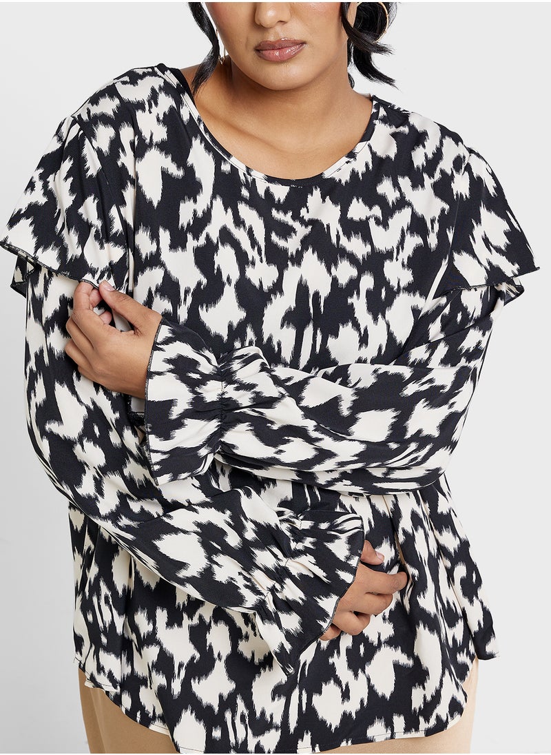 Ginger Plus - Ruffle Neck Detail Animal Print Blouse - Image 1