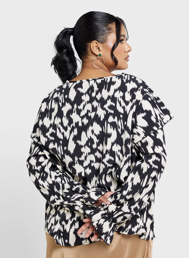 Ginger Plus Ruffle Neck Detail Animal Print Blouse