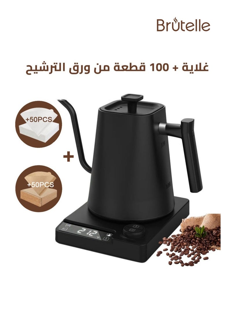 بريتيل غلاية فوهة طويلة V60 غلاية قهوة 1000 مل 1200 واط مع مقبض لضبط درجة الحرارة وشاشة رقمية لعرض درجة الحرارة وعزل تلقائي مادة فولاذ مقاوم للصدأ مع فلتر قهوة V60 بحجم 02 أبيض 50 قطعة وبني 50 قطعة، مناسبة للاستخدام في المنزل والمكتب - Image 1