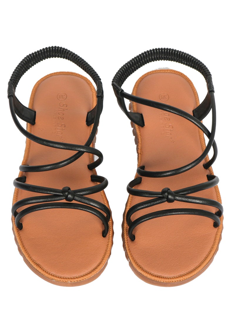Ladies Flat Sandal Black/Tan with straps Open Toe, Casual, Soft  - Image 2