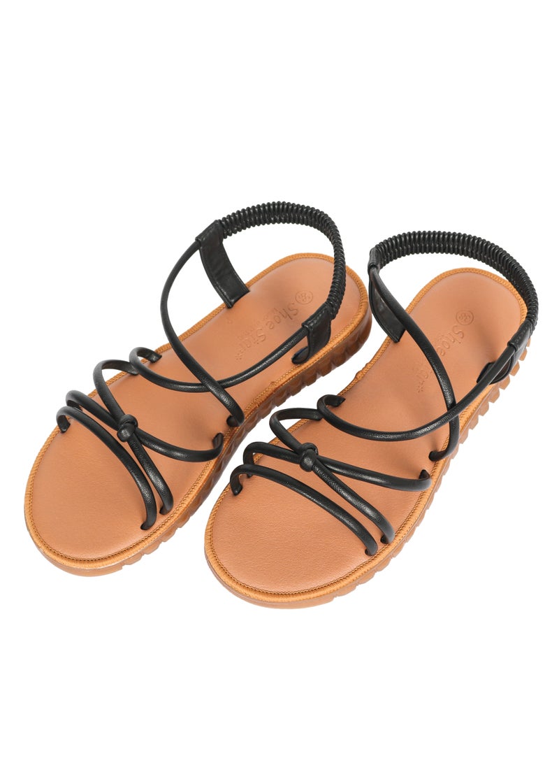 Ladies Flat Sandal Black/Tan with straps Open Toe, Casual, Soft  - Image 1