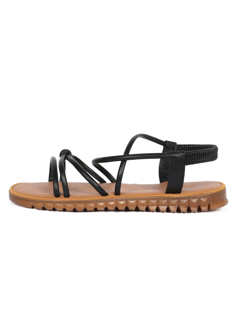 Ladies Flat Sandal Black/Tan with straps Open Toe, Casual, Soft  - Image 4