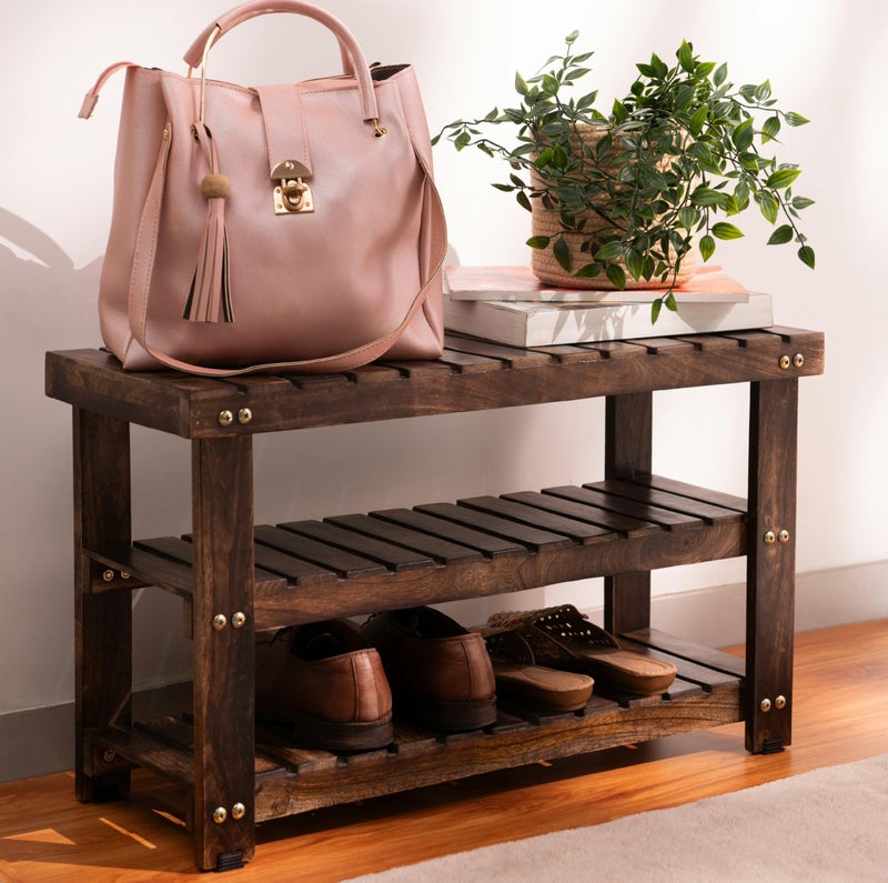 UHUD CRAFTS Solid Wood Shoe Rack, 3-Tier Wooden Shoes Organizer for Home & Hallway - Image 1