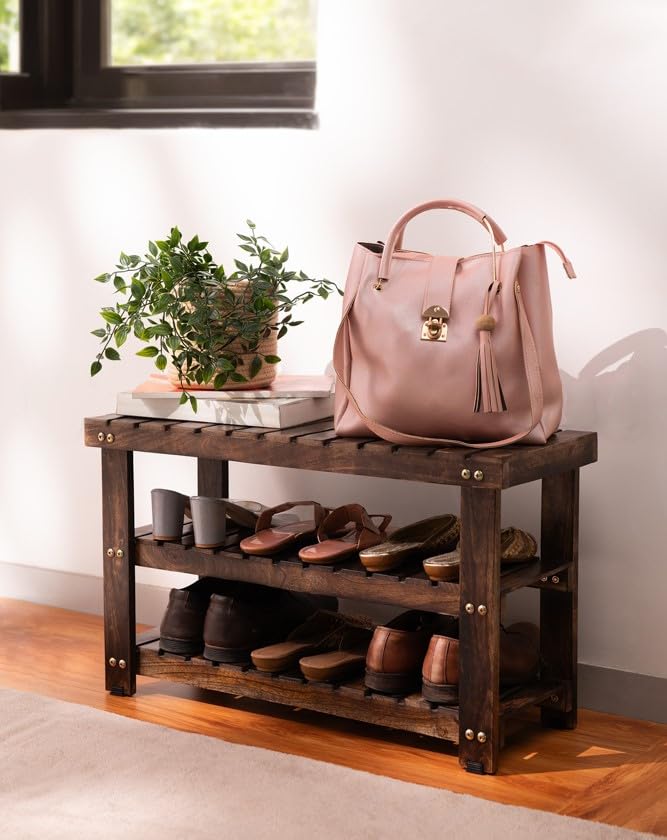 UHUD CRAFTS Solid Wood Shoe Rack, 3-Tier Wooden Shoes Organizer for Home & Hallway - Image 2