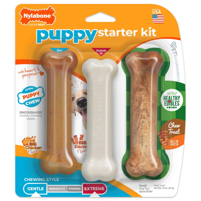 Nylabone New Puppy Starter Kit, 2 Chew Toys and 1 Natural Treat for Puppies, Puppy Teething Toy, Bacon & Chicken Flavor, Small Dogs - Up to 25 lbs., 3 Pack - Image 1
