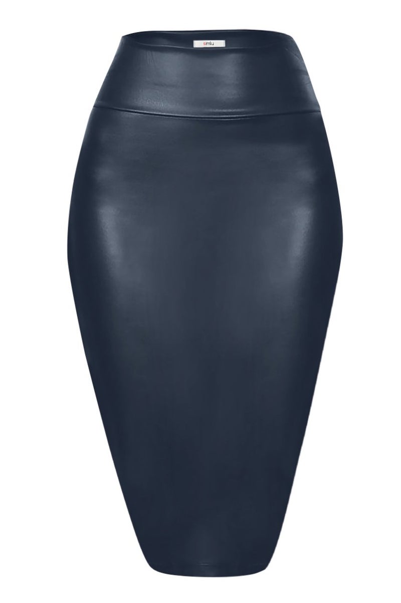 Simlu Faux Leather Skirts for Women High Waisted Leather Bodycon Pencil Skirt Navy Large - Image 1