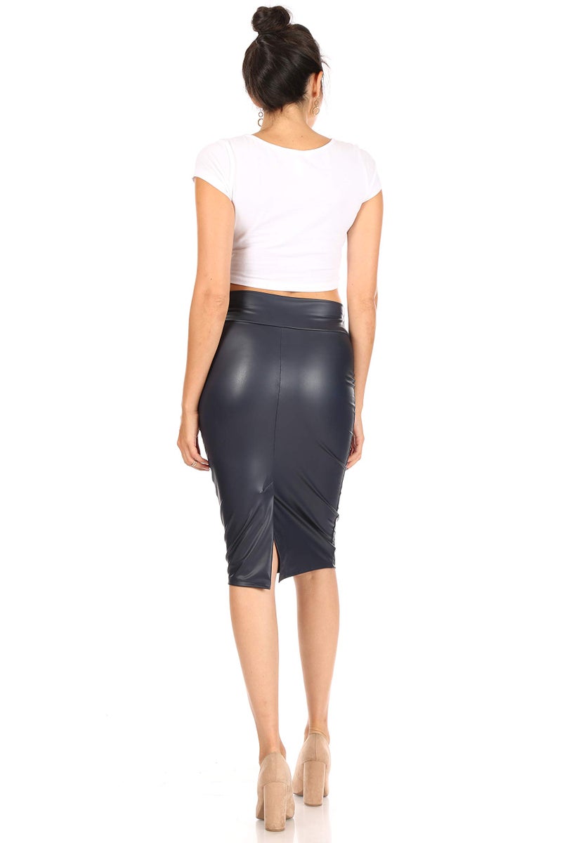 Simlu Faux Leather Skirts for Women High Waisted Leather Bodycon Pencil Skirt Navy Large - Image 5