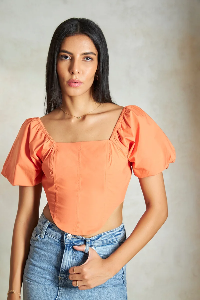 فيرجيو Cotton Corsets Daywear Tops With Puff Sleeves for Women