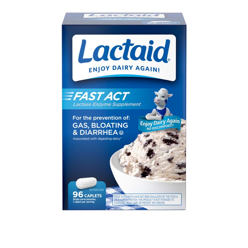 Lactaid Fast Act Lactose Intolerance Caplets with Lactase Enzyme, Dairy Relief from Gas, Bloating & Diarrhea, 9000 FCC Lactose Intolerance Pills, 96 Individual Travel On-The-Go Packs (96 x 1 ct) - Image 1
