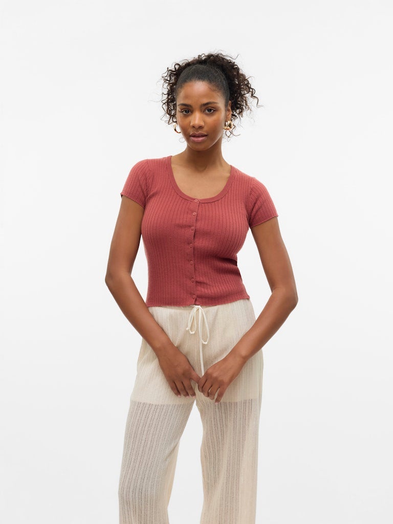 VERO MODA VMGOLD RIB SS U-NECK BUTTON TOP - Image 2