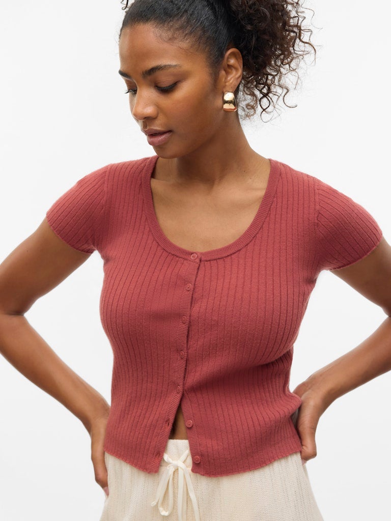 VERO MODA VMGOLD RIB SS U-NECK BUTTON TOP - Image 3