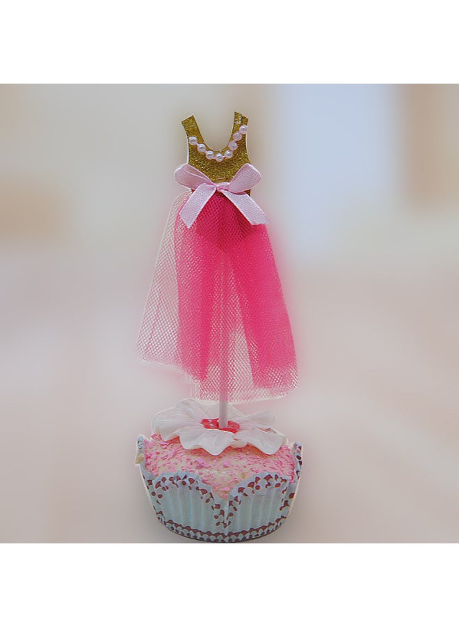 Cake Decoration Card-inserting Pearl Princess Yarn Dress Baby Pink Dress Wedding Birthday Party Baking Plug-in 1 Pack-Specifications:Pearl Gold Pink Rose Red Skirt Pink Knot ] - Image 1