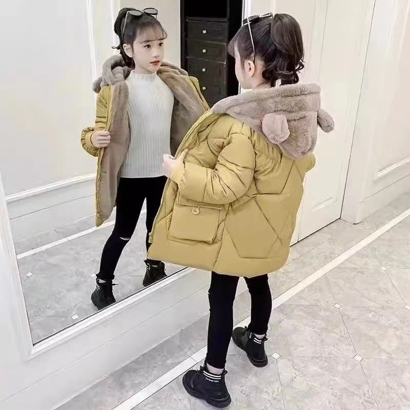2023 Girls Winter Padded Jacket Korean-Thickened Mid-Length Warm Coat Yellow plus velvet thickening 