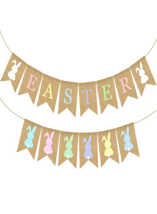 Doumeny 2Pcs Colorful Easter Burlap Banner Bunny Bunting Garland Colorful Rabbit Banner Garland Rustic Happy Easter Party Banner Spring Easter Party Banner for Mantle Fireplace Wall Party Supplies - Image 1