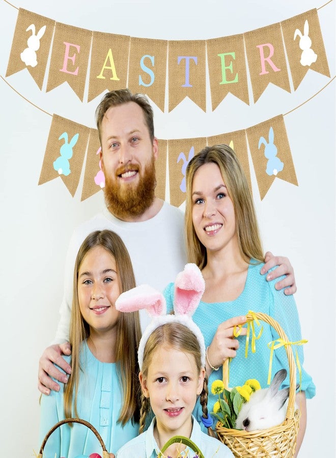 Doumeny 2Pcs Colorful Easter Burlap Banner Bunny Bunting Garland Colorful Rabbit Banner Garland Rustic Happy Easter Party Banner Spring Easter Party Banner for Mantle Fireplace Wall Party Supplies - Image 4